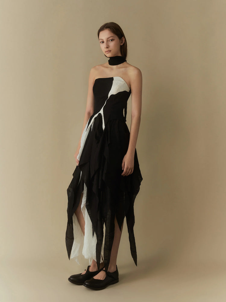 Black And White Seamed Gauze Dress