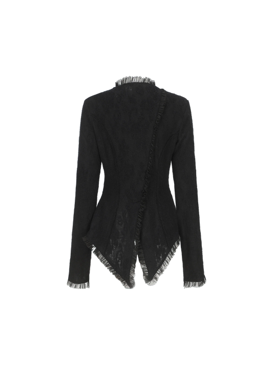 Black Ruched Lace Trim Wool Cardigan