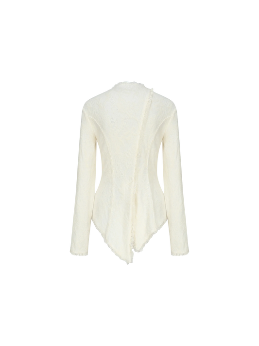 White Ruched Lace Trim Wool Cardigan