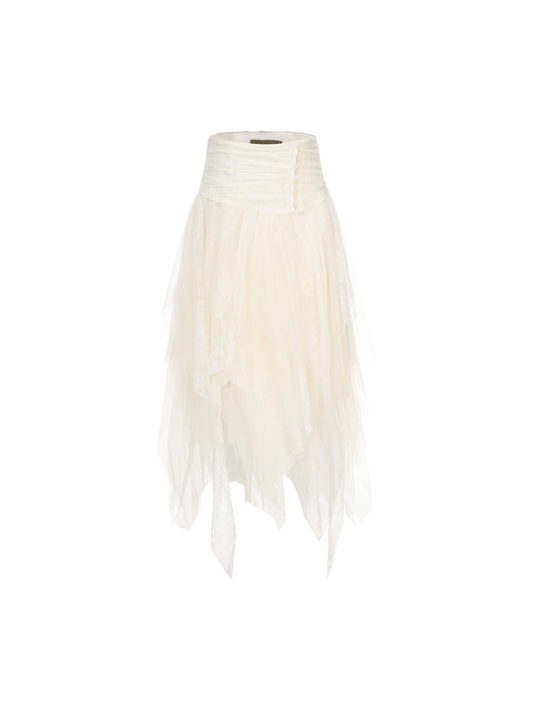 White Lace Asymmetric Mesh Mid-length Skirt