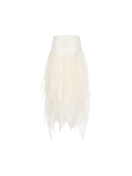 White Lace Asymmetric Mesh Mid-length Skirt