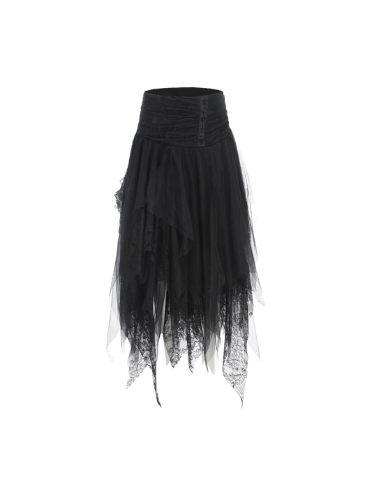 Black Lace Asymmetric Mesh Mid-length Skirt