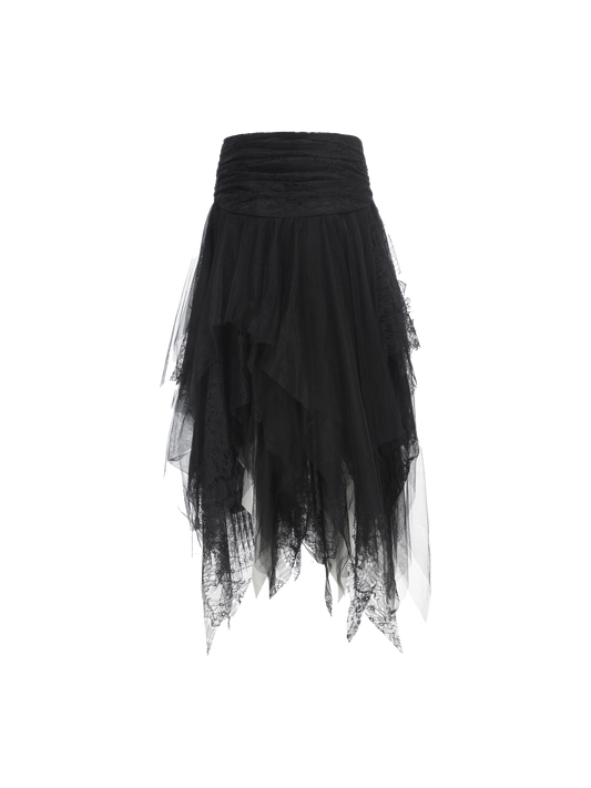 Black Lace Asymmetric Mesh Mid-length Skirt