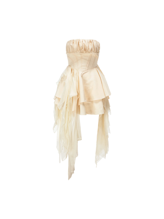 Beige Fold Pleated Strapless Short Dress