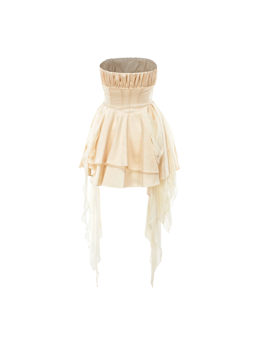 Beige Fold Pleated Strapless Short Dress