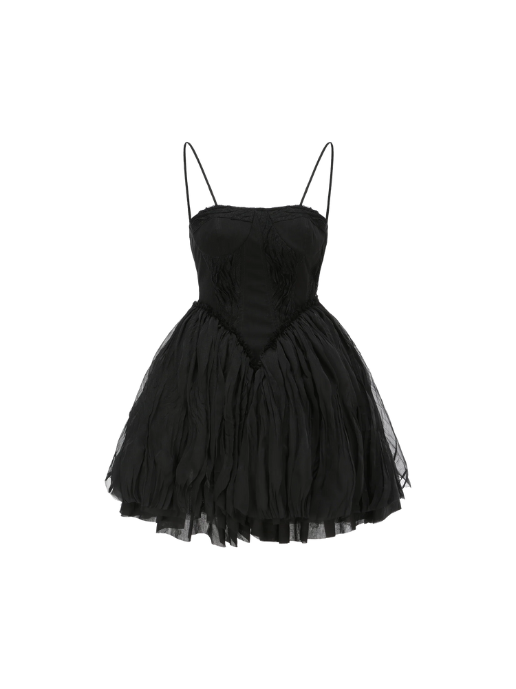 Black Lace Puffy Camisole Short Dress