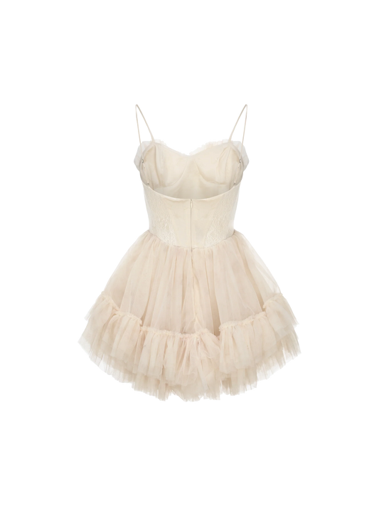 Beige Mesh Puffy Camisole Short Dress