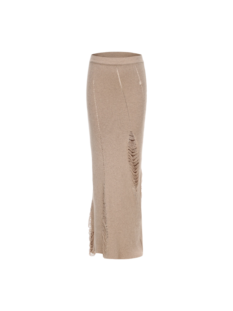 Almond Knit Destruction Mid-Length Skirt