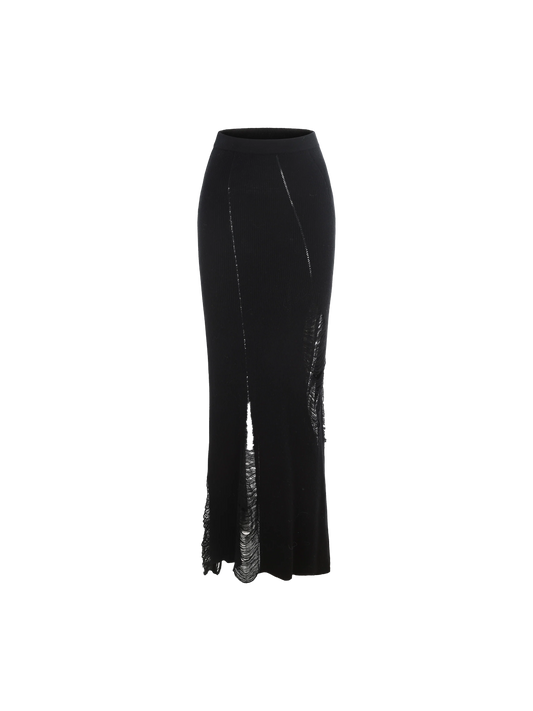 Black Knit Destruction Mid-length Skirt