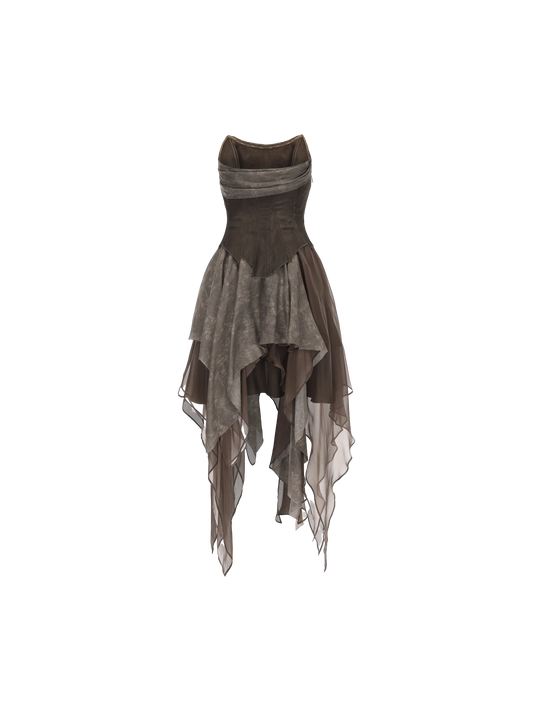 Dark Brown Jacquard Pleated Tube Dress