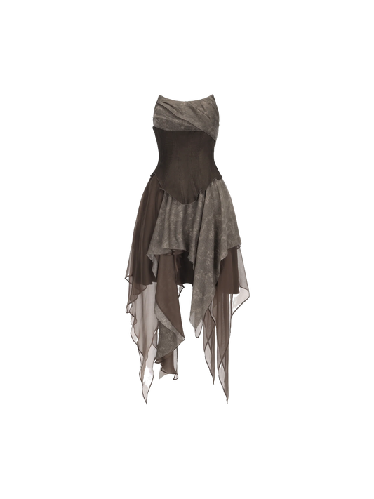 Dark Brown Jacquard Pleated Tube Dress