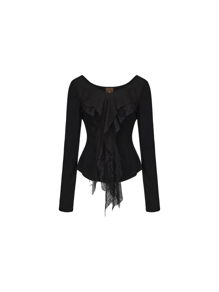 Black Lace Panelled Long Sleeve Top