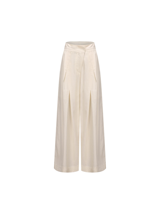 White Diagonally Pleated Long Pants