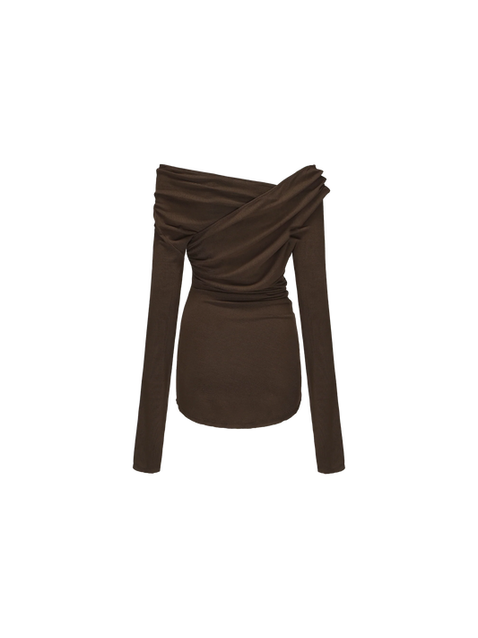 Dark Khaki Off-Shoulder Pleated Top