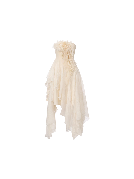 White Heavy-Detailing Smocked Strapless Dress