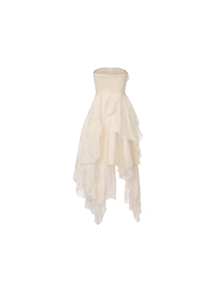 White Heavy-Detailing Smocked Strapless Dress