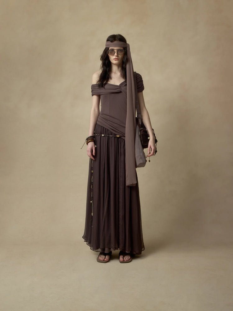 Dark Violet Silk Paneled Off-Shoulder Long Skirt