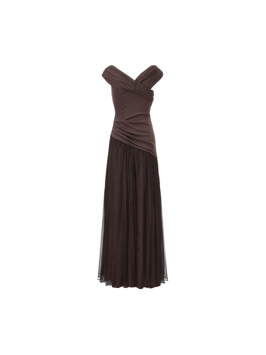 Dark Violet Silk Paneled Off-Shoulder Long Skirt