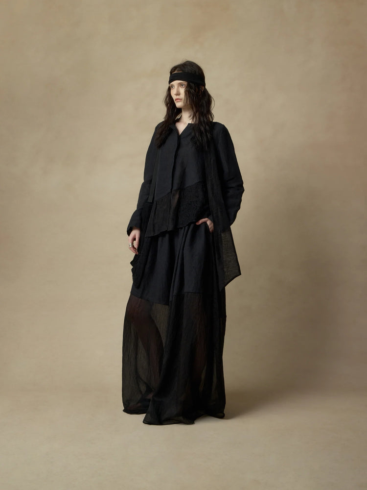 Black Ribbon-Accented Paneled Shirt