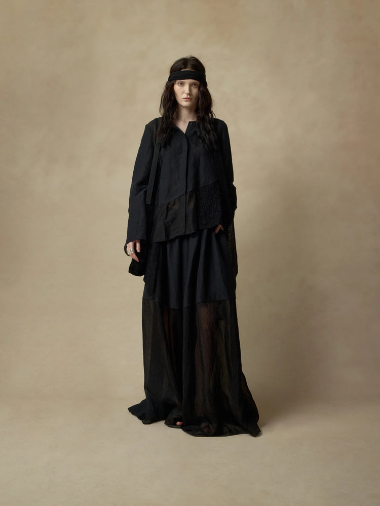 Black Ribbon-Accented Paneled Shirt