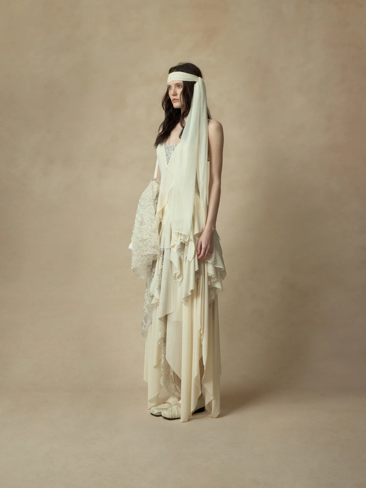 Beige Lace Ombre Trimmed Skirt