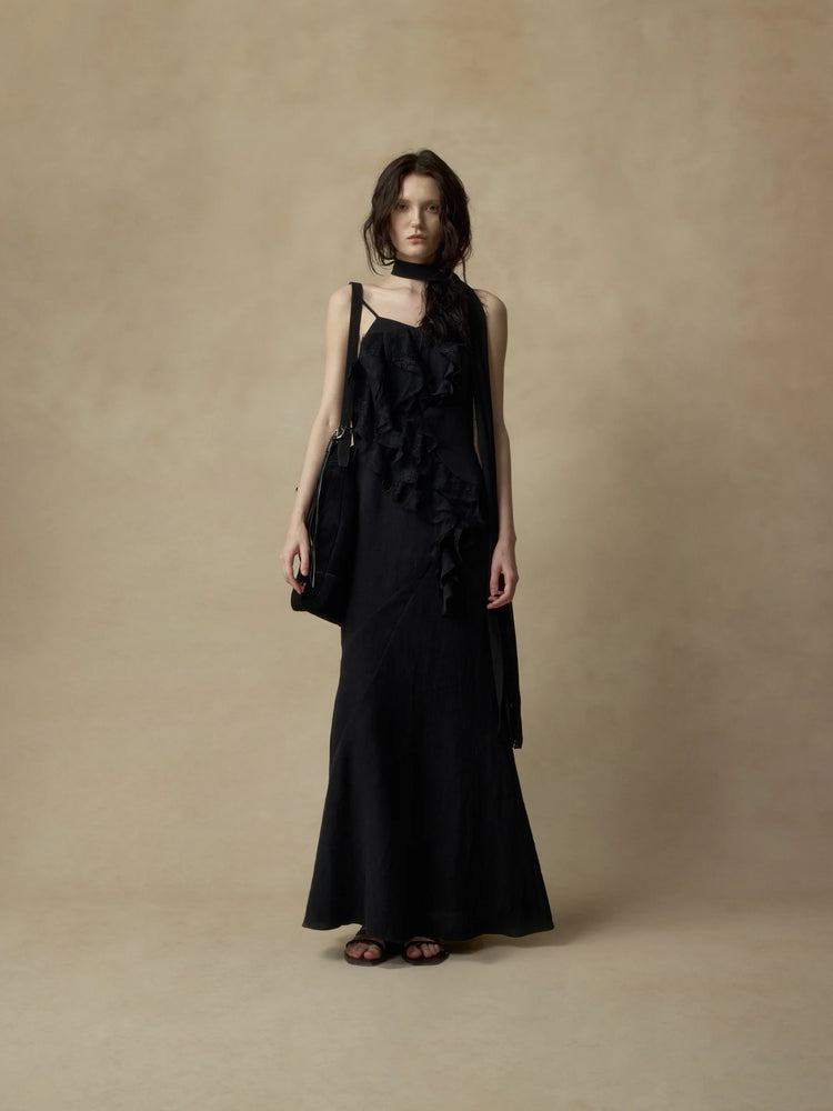Black Asymmetrical Flounce Linen Slip Dress