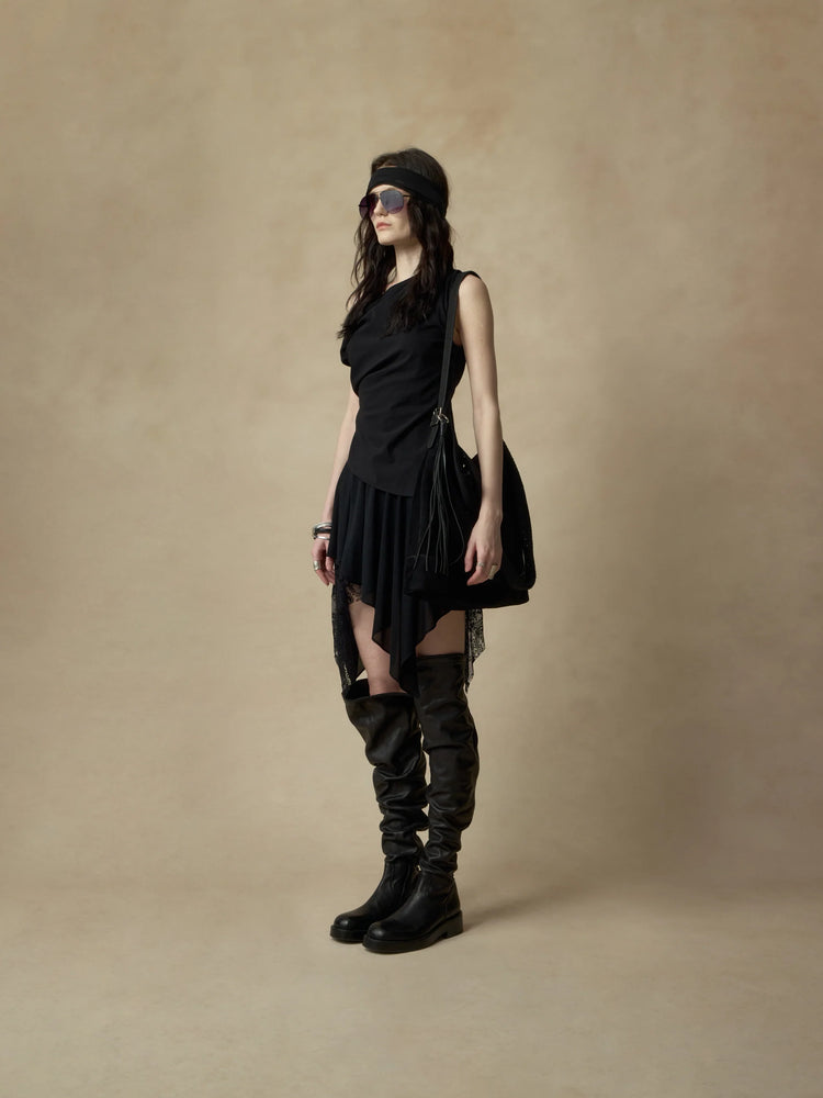Black Asymmetrical Ruffled Elastic Off-shoulder Top