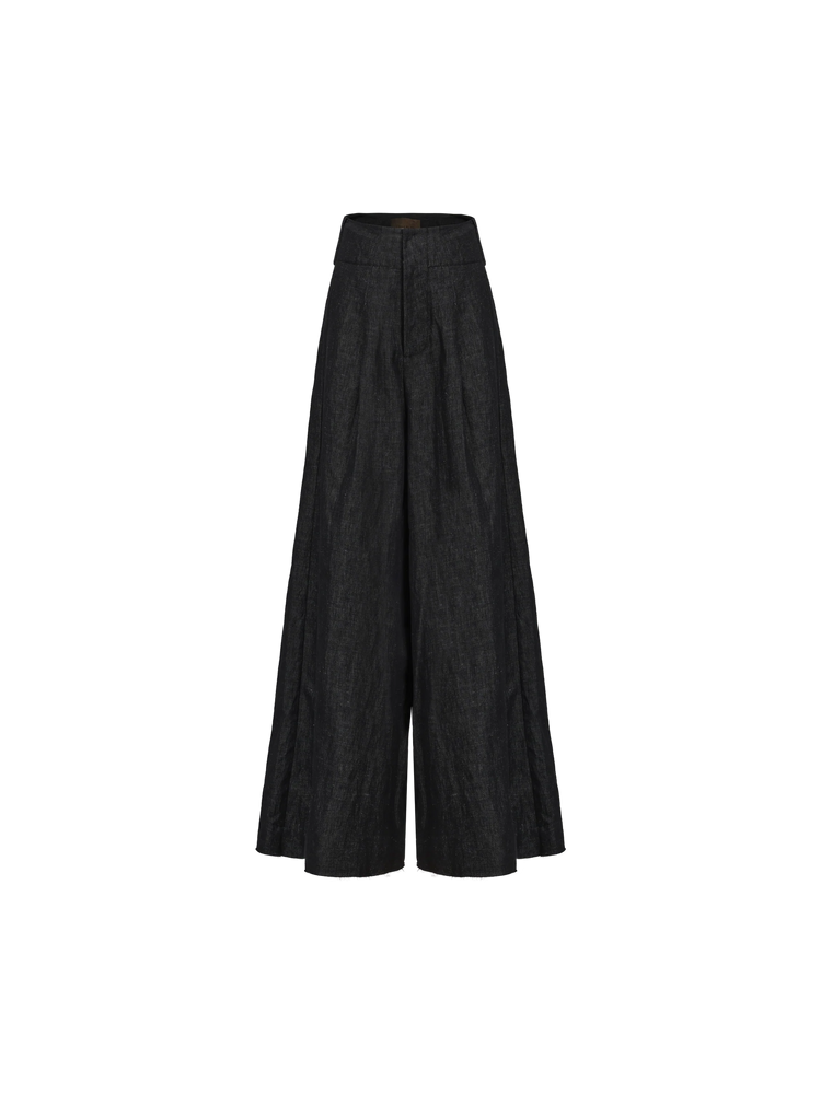 Denim Waist Tie Pleated Wide-leg Pants