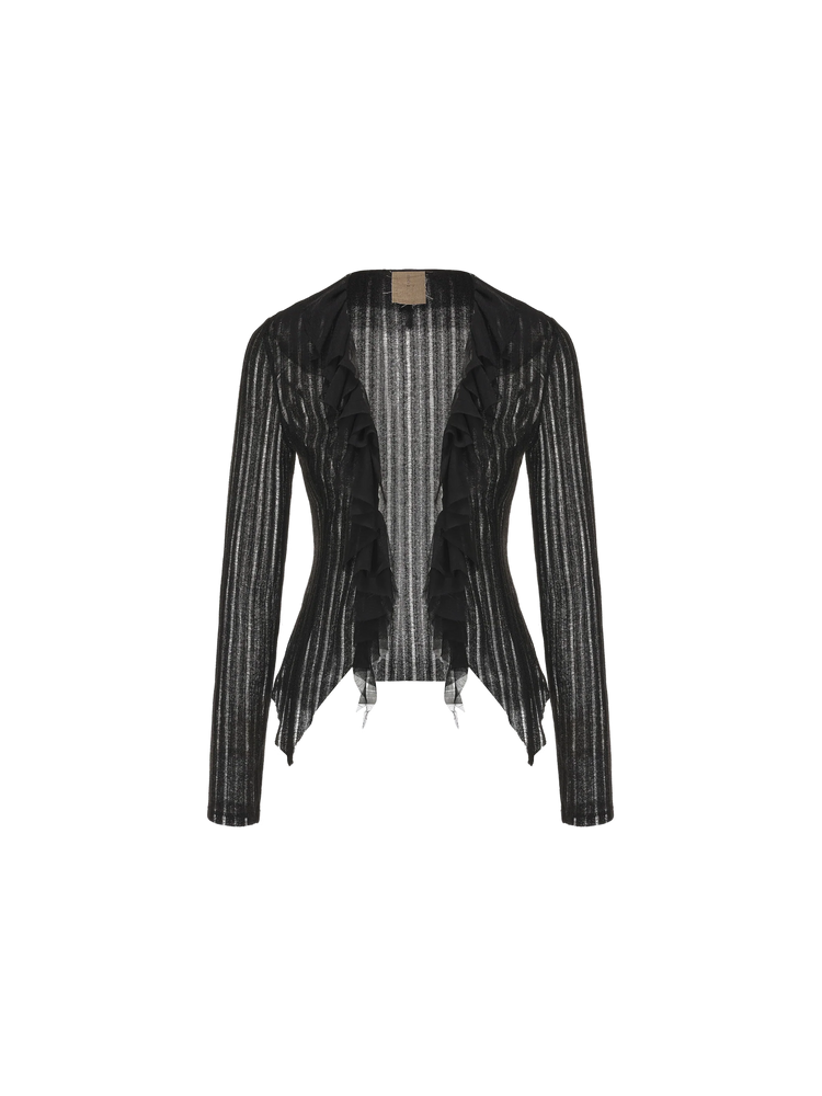 Black Sheer Lace-Trimmed Knit Top