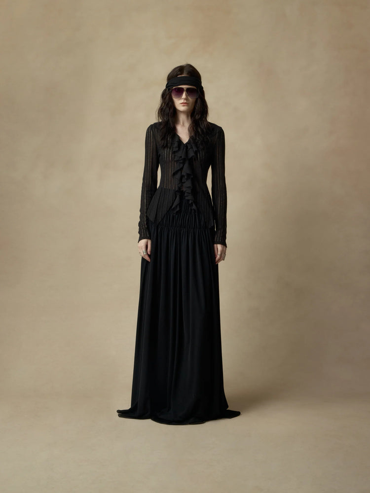 Black Sheer Lace-Trimmed Knit Top