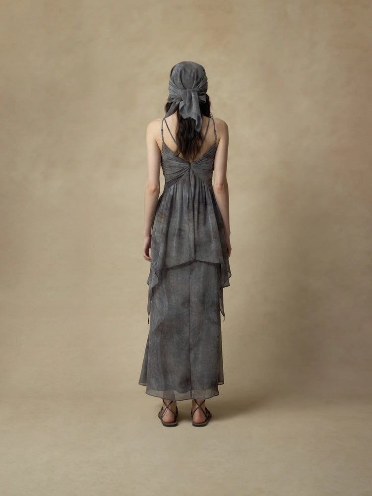 Black Grey Ink Wash Ruched Camisole Dress