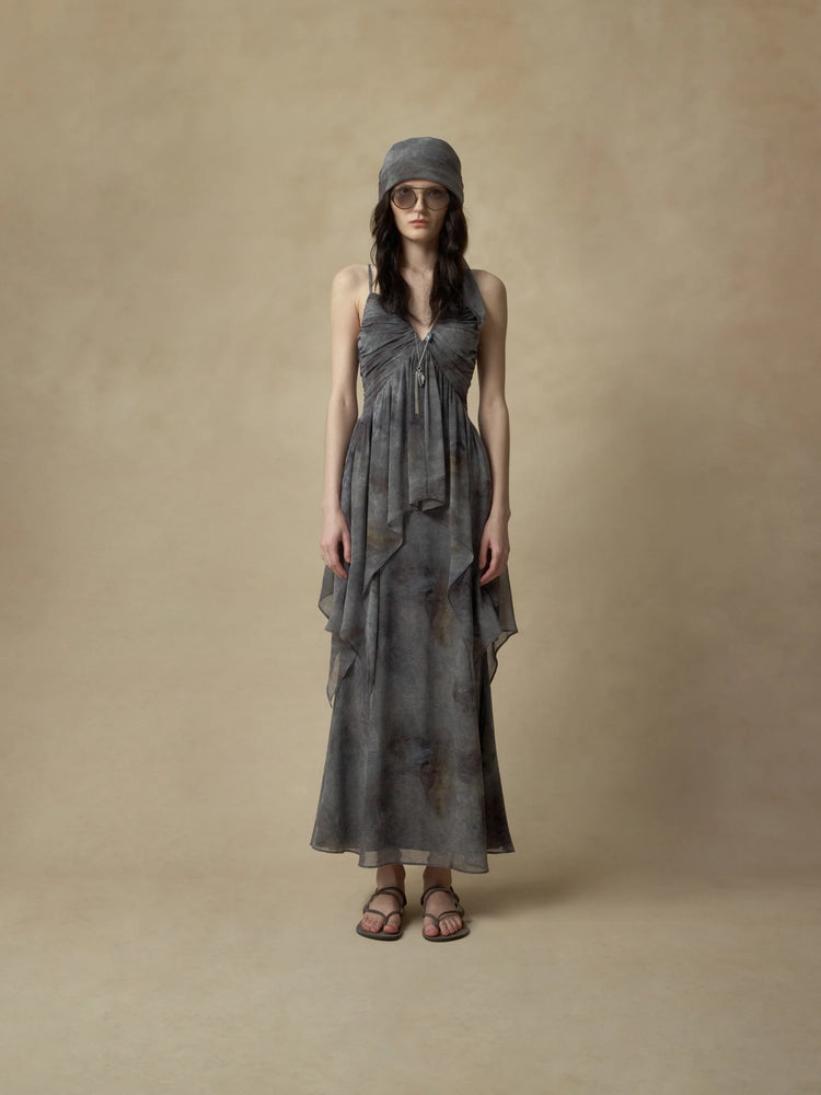 Black Grey Ink Wash Ruched Camisole Dress