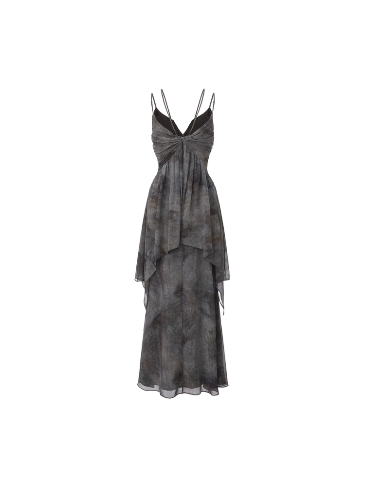 Black Grey Ink Wash Ruched Camisole Dress