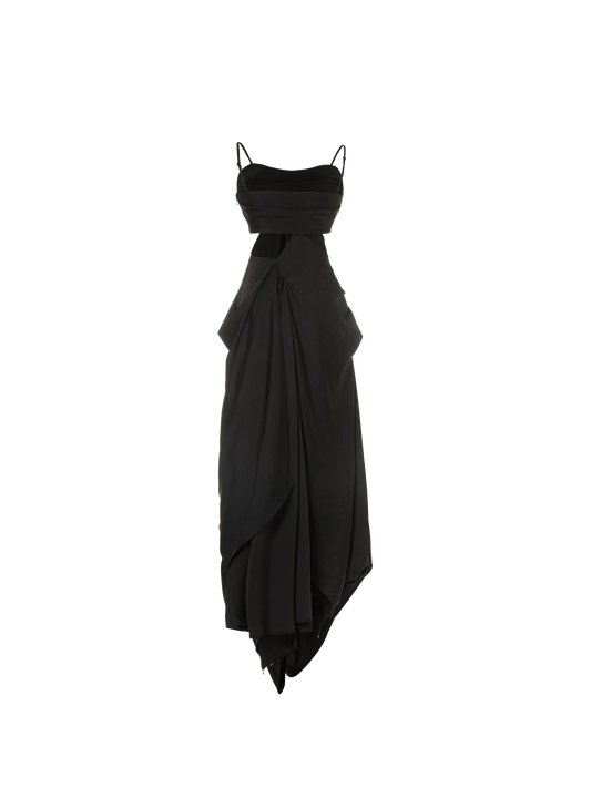 Black Pleated Seam Dress Long