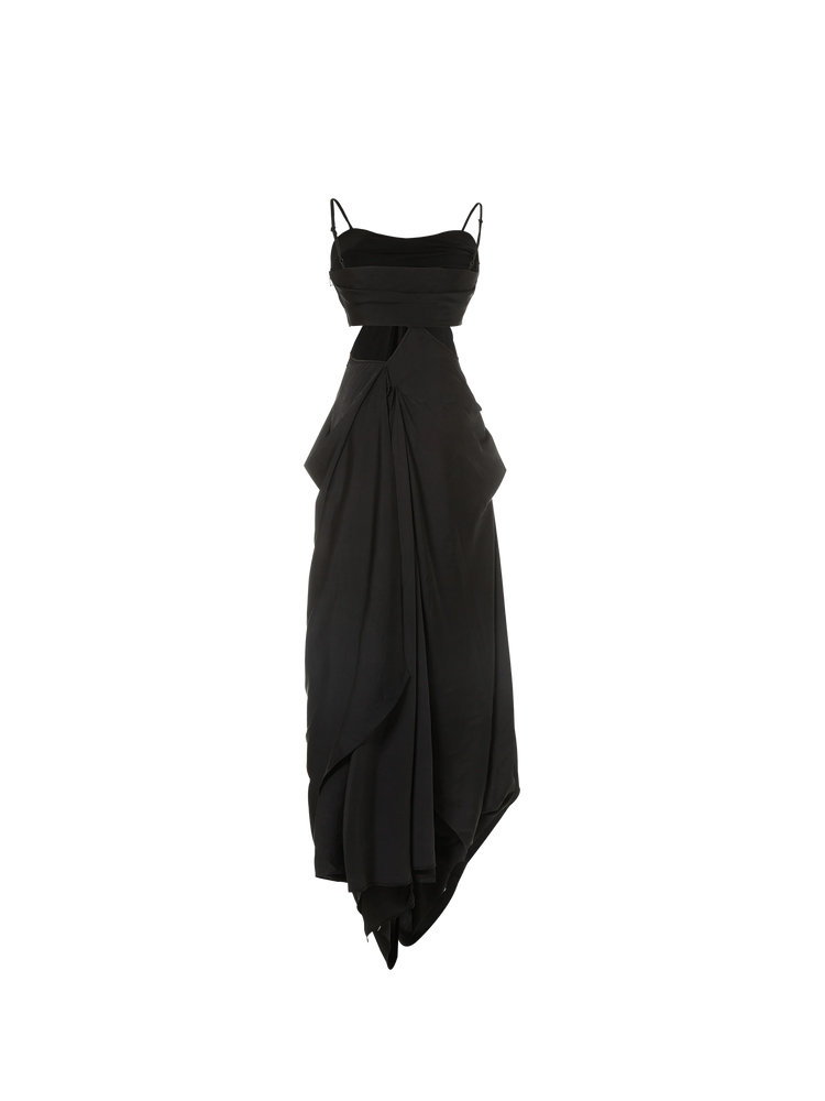 Black Pleated Seam Dress Long