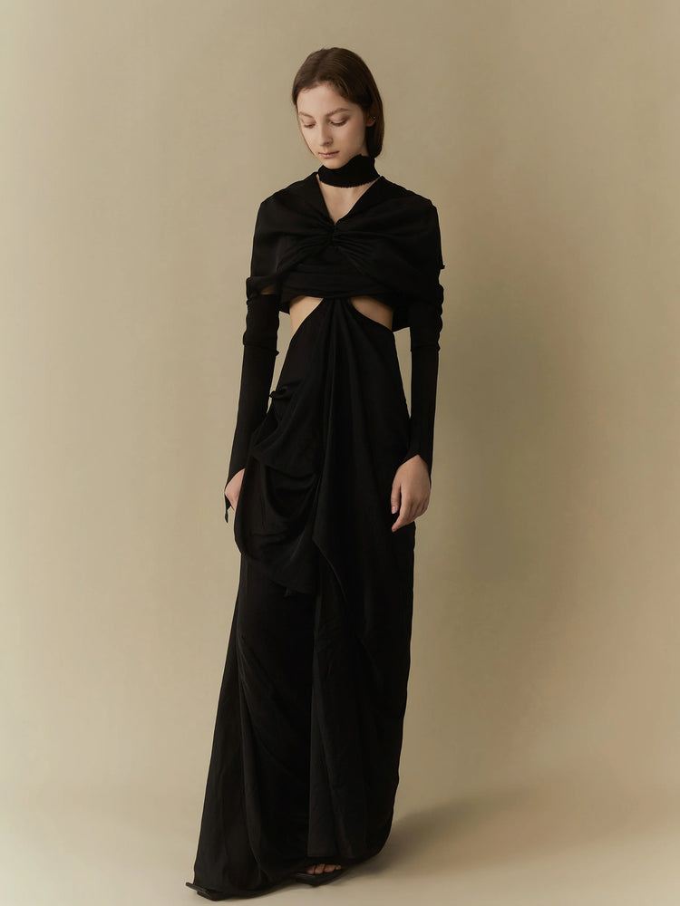 Black Pleated Seam Dress Long