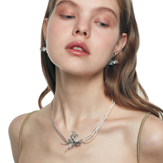 Liquefied Butterfly Layers Pearl Chain Necklace