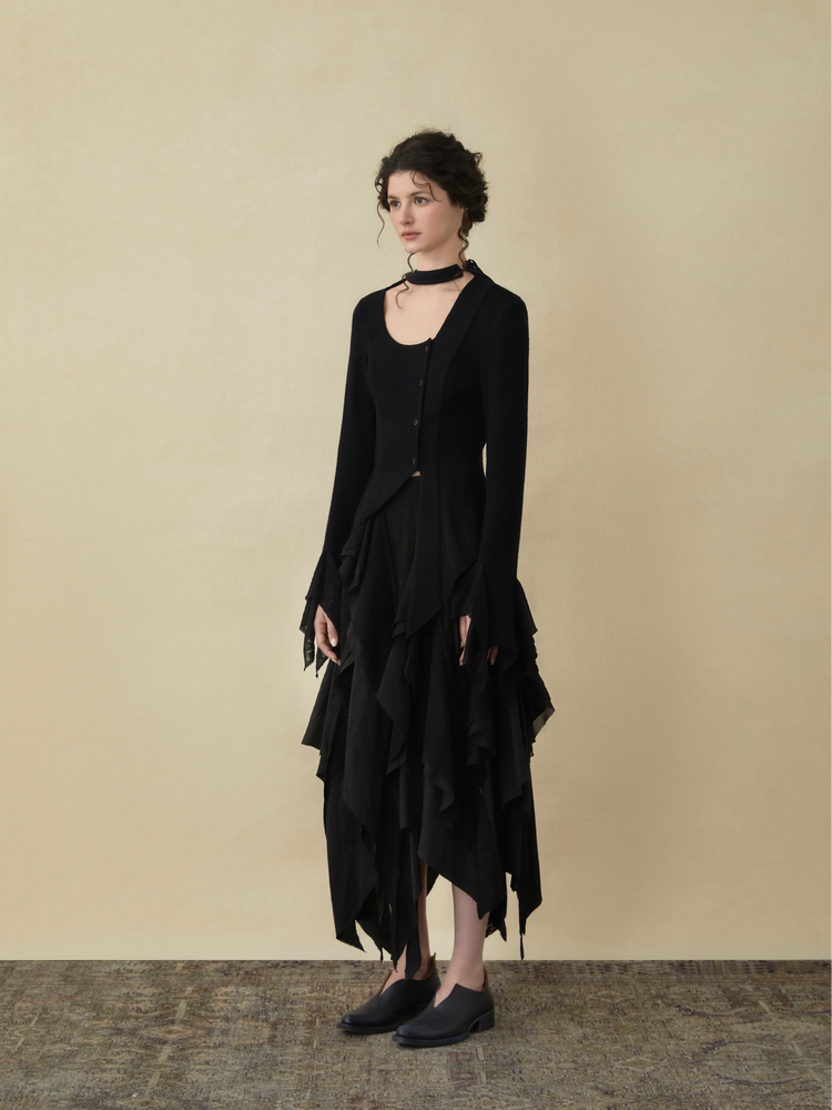 Black Woolen Mid-length Skirt