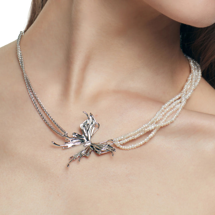 Liquefied Butterfly Layers Pearl Chain Necklace