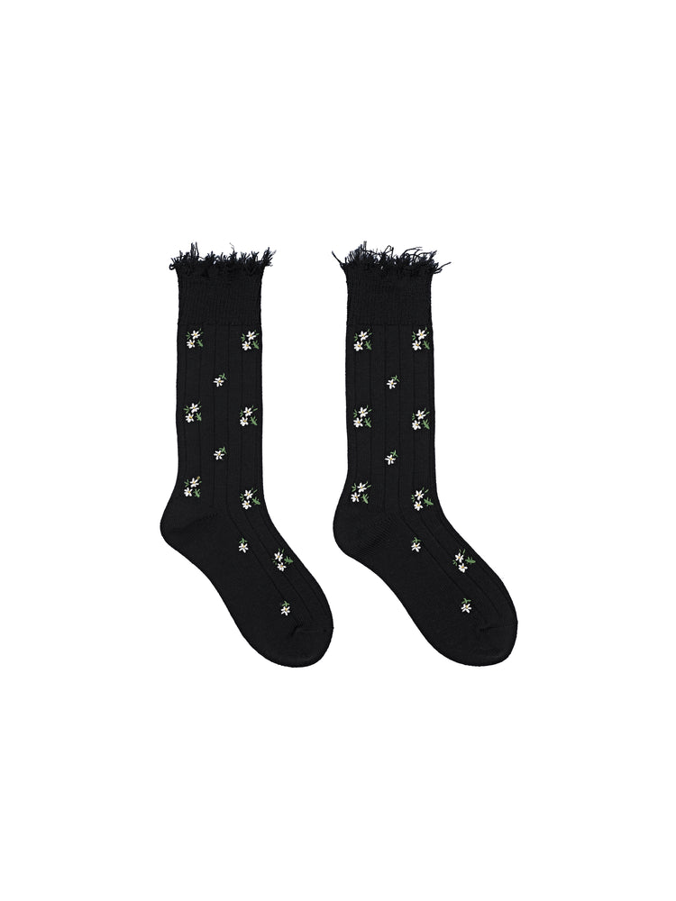 Small Floral Embroidered Raw Edge Socks