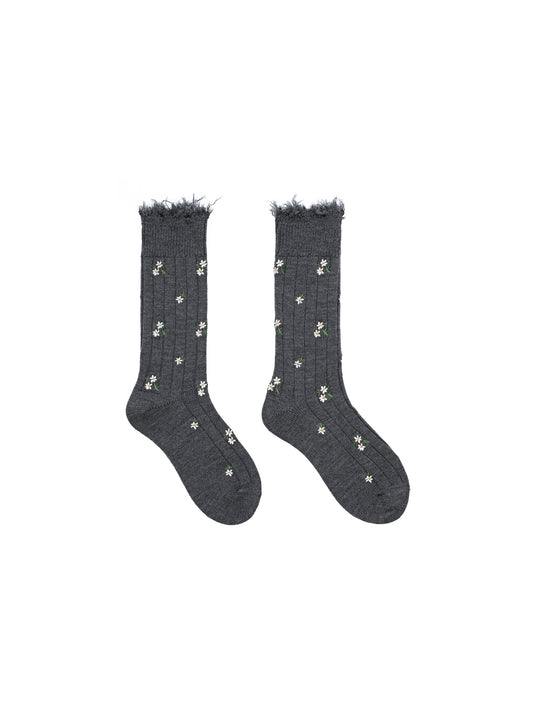 Small Floral Embroidered Raw Edge Socks