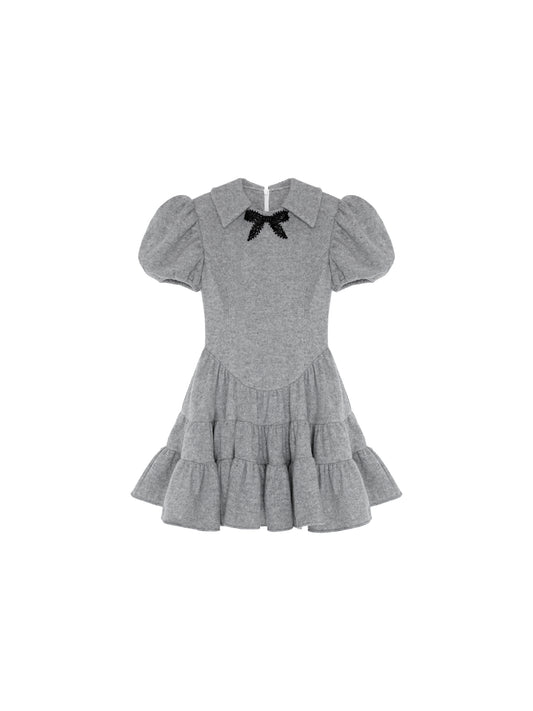 Grey Puff Sleeve Tiered Mini Dress