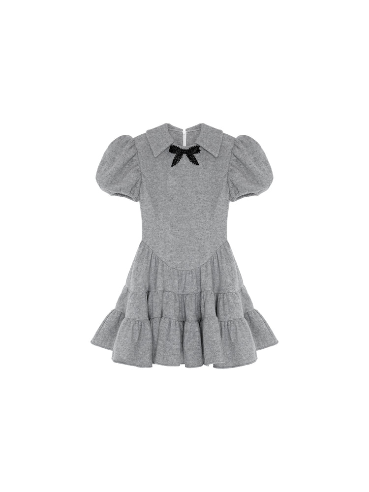 Grey Puff Sleeve Tiered Mini Dress