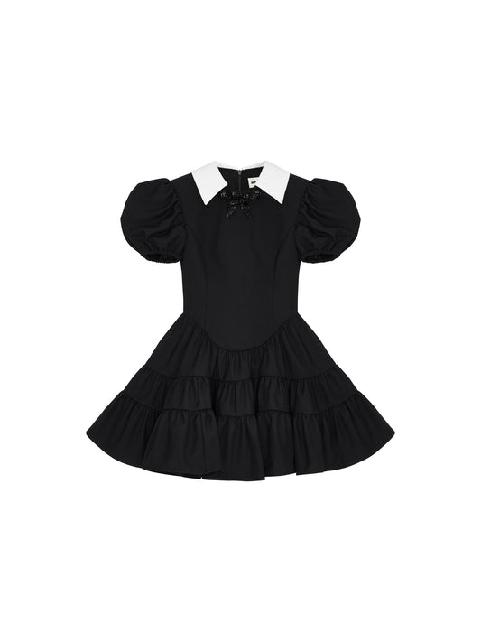 Black Puff Sleeve Tiered Mini Dress