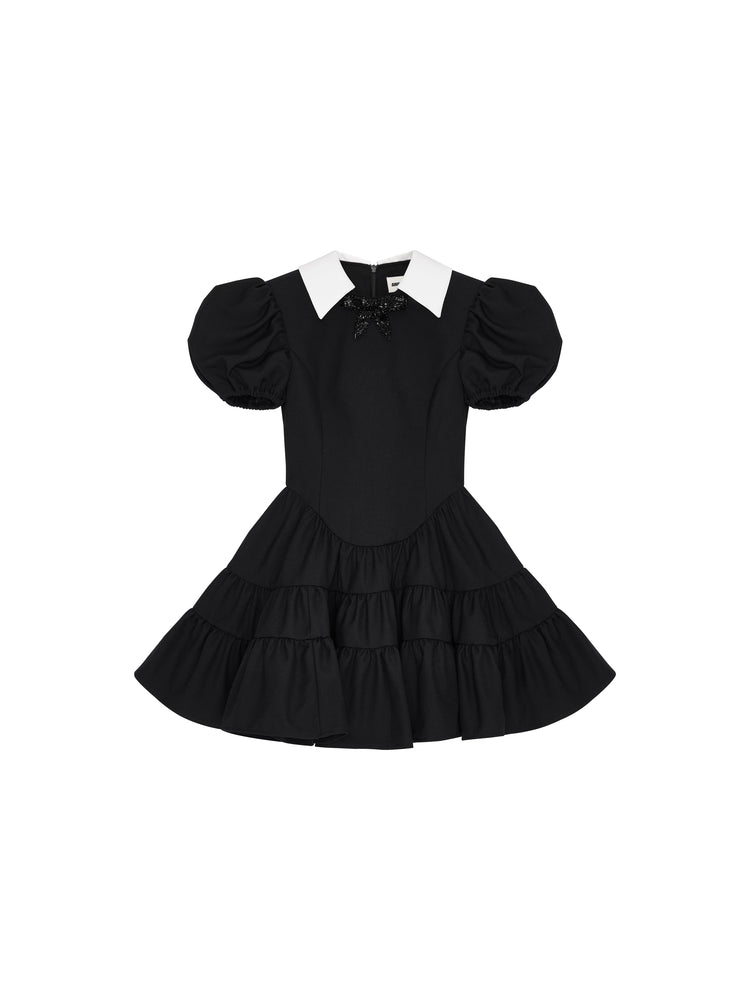 Black Puff Sleeve Tiered Mini Dress