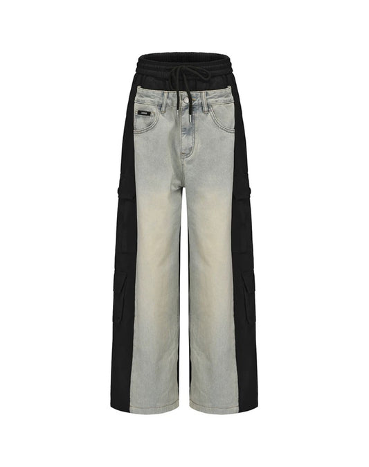 Denim Printed Patchwork Wide-leg Pants