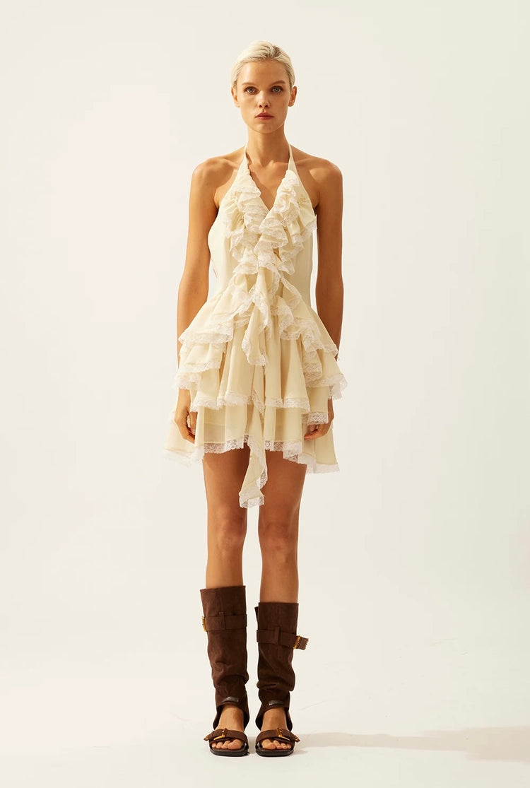 Lace-paneled Multi-layer Ruffle Halter Dress
