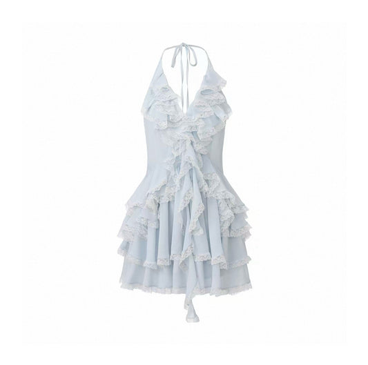 Lace-paneled Multi-layer Ruffle Halter Dress