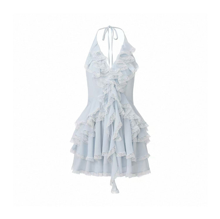 Lace-paneled Multi-layer Ruffle Halter Dress
