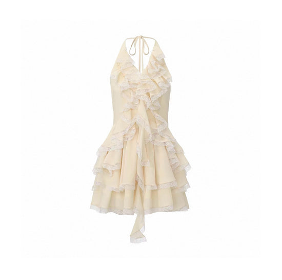 lace panel layered ruffle halter dress Lace-paneled Multi-layer Ruffle Halter Dress
